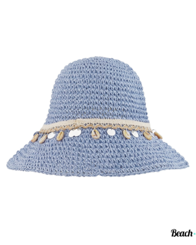 Blauwe Ibiza strandhoed met schelpjes en zilveren bedeltjes, lichtgewicht en verstelbaar.