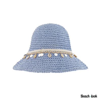 Blauwe Ibiza strandhoed met schelpjes en bedeltjes