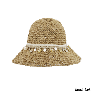 Bruine strandhoed met schelpen – Ibiza boho zomerhoed voor dames